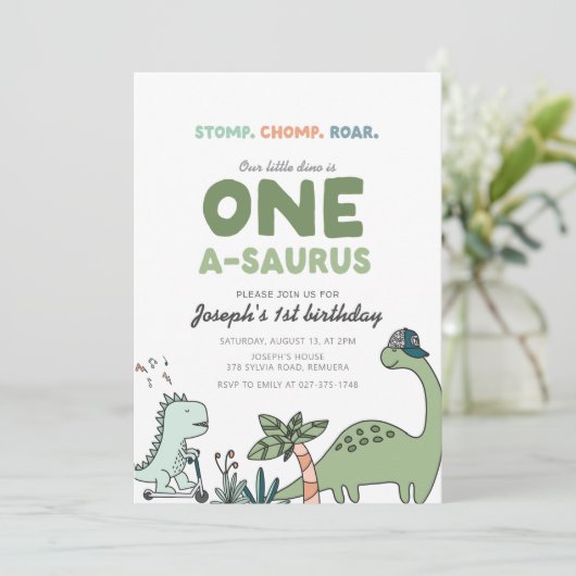 One-a-saurus Birthday Party Invitation Kaart (Staand voorkant)