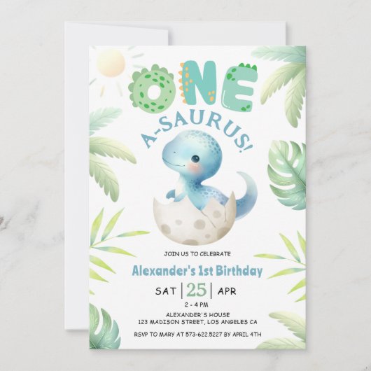 One A-Saurus Boy Dinosaur 1st Birthday Invitation Kaart (Voorkant)