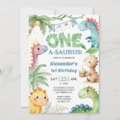 One A-Saurus Boy Dinosaur 1st Birthday Invitation Kaart (Voorkant)