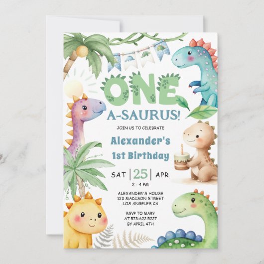 One A-Saurus Boy Dinosaur 1st Birthday Invitation Kaart (Voorkant)