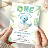 One A-Saurus Boy Dinosaur 1st Birthday Invitation Kaart