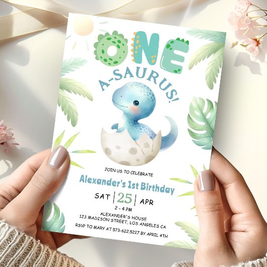 One A-Saurus Boy Dinosaur 1st Birthday Invitation Kaart