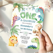One A-Saurus Boy Dinosaur 1st Birthday Invitation Kaart