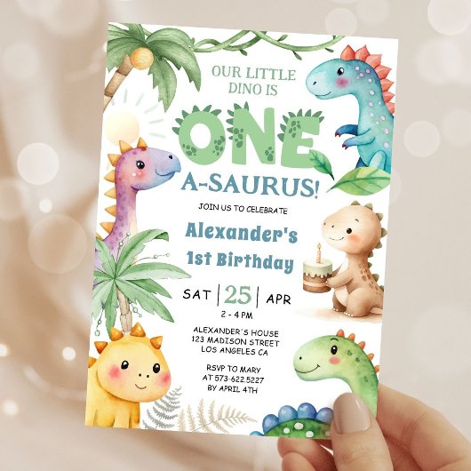 One A-Saurus Boy Dinosaur 1st Birthday Invitation Kaart