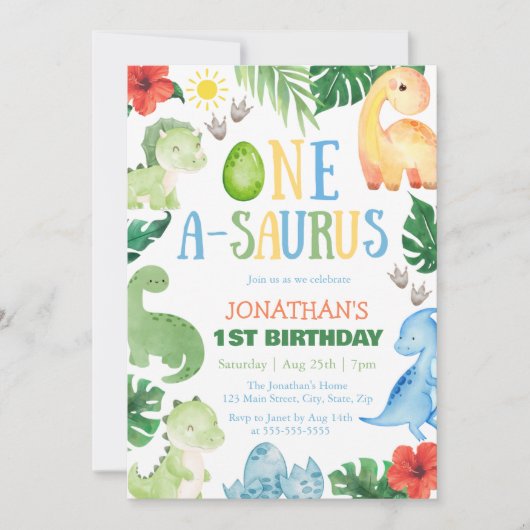 One A-Saurus Dino 1st Birthday Kaart (Voorkant)