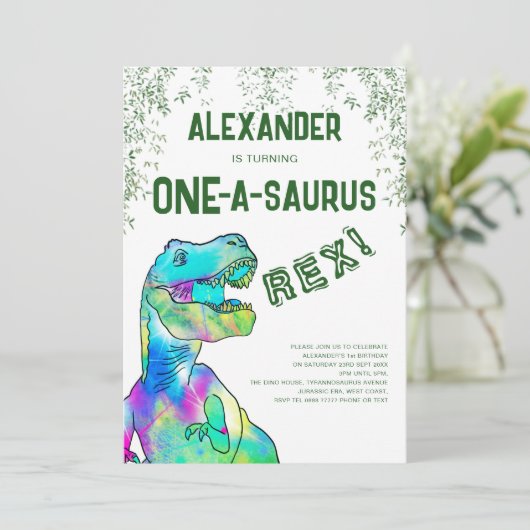 One-A-Saurus Dinosaur 1e verjaardagsfeest Kaart (Staand voorkant)