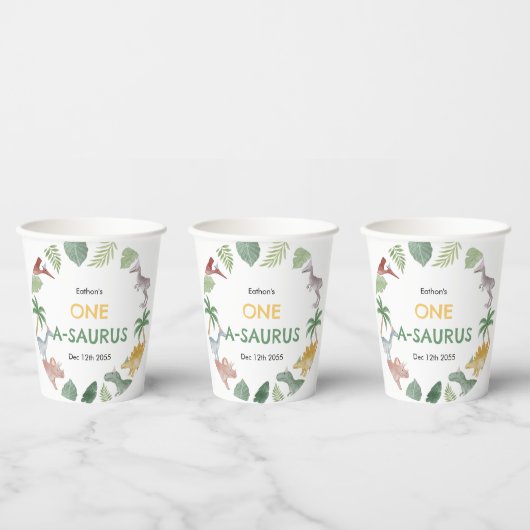 One A Saurus Dinosaur Boy Birthday Paper Cups Papieren Bekers (Multi)