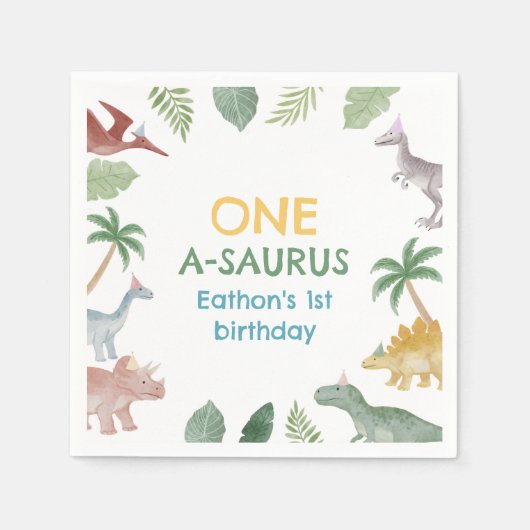 One A Saurus Dinosaur Boy Birthday Party Napkins Servet (Voorkant)