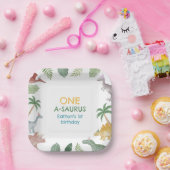 One A Saurus Dinosaur Boy Birthday Square  Papieren Bordje (Feest)