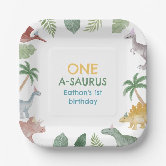 One A Saurus Dinosaur Boy Birthday Square  Papieren Bordje (Voorkant)