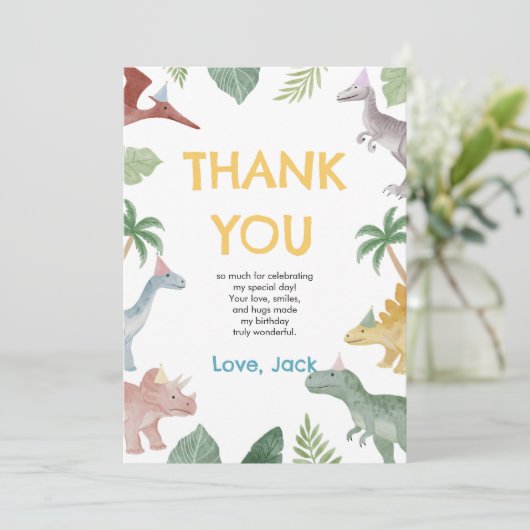 One A Saurus Dinosaur Boy Birthday Thank You Card Bedankkaart (Staand voorkant)