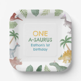 One A Saurus Dinosaur Boy Verjaardag Vierkant Papieren Bordje