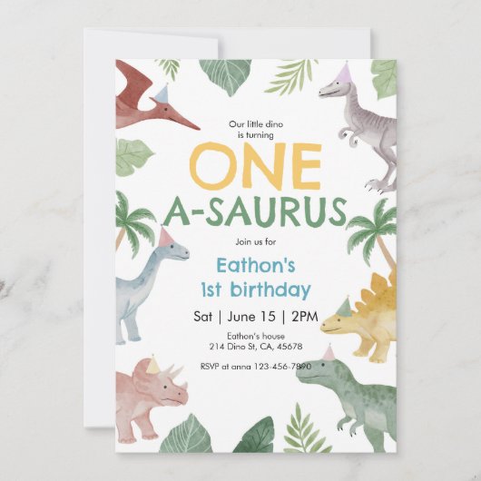 One A Saurus Dinosaur First Birthday Invitation Kaart (Voorkant)
