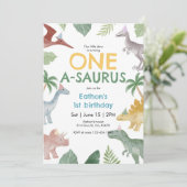 One A Saurus Dinosaur First Birthday Invitation Kaart (Staand voorkant)