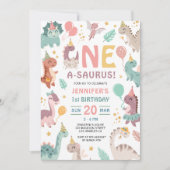 One A Saurus Dinosaur Girl 1st Birthday Invitation Kaart (Voorkant)