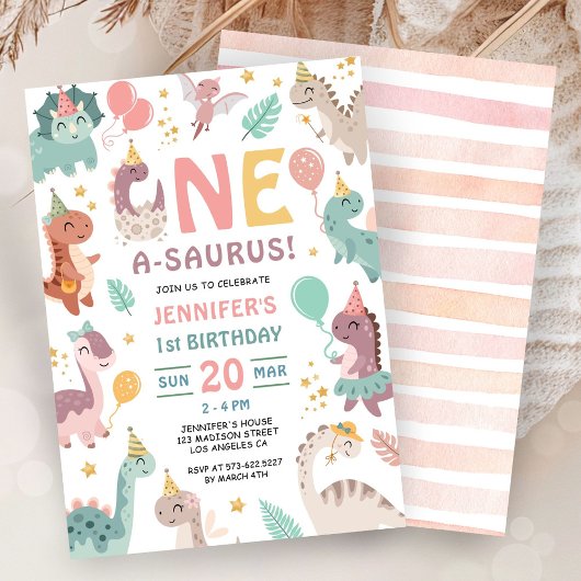 One A Saurus Dinosaur Girl 1st Birthday Invitation Kaart