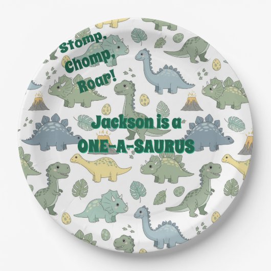 ONE-A-SAURUS Dinosaur Pattern Paper Plates Papieren Bordje (Voorkant)