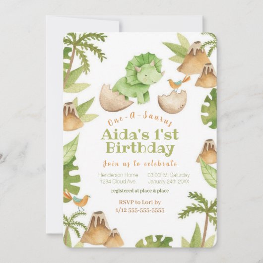 One-a-Saurus' dinosaurus eerste verjaardag uitnodi Kaart (Voorkant)