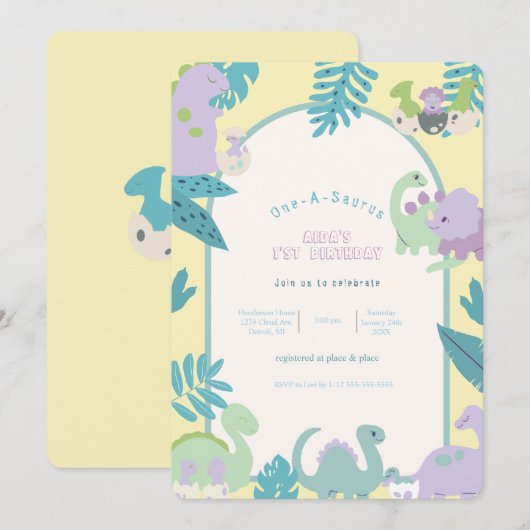 One-a-Saurus' dinosaurus eerste verjaardag uitnodi Kaart (Voorkant / Achterkant)