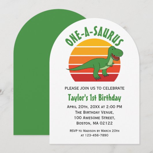 One-a-saurus dinosaurus genderneutraal 1e verjaard kaart (Voorkant / Achterkant)