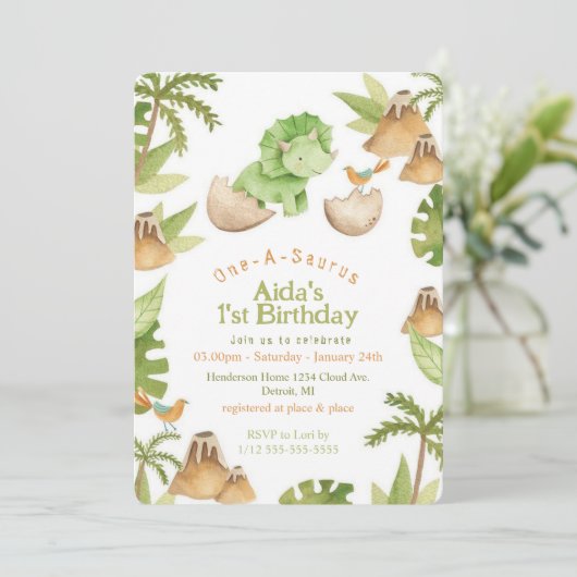 One-A-Saurus Dinosaurus Uitnodiging voor verjaarda (Staand voorkant)