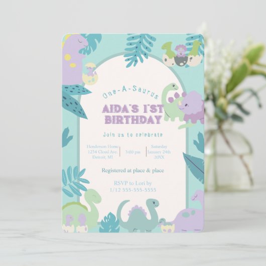 One-A-Saurus-dinosaurus verjaardagsuitnodiging Kaart (Staand voorkant)