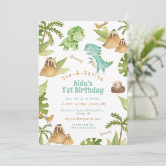 One-A-Saurus-dinosaurus verjaardagsuitnodiging Kaart (Staand voorkant)