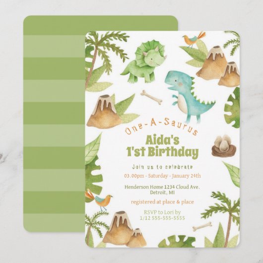 One-A-Saurus-dinosaurus verjaardagsuitnodiging Kaart (Voorkant / Achterkant)
