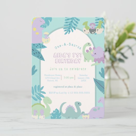 One-A-Saurus-dinosaurus verjaardagsuitnodiging Kaart (Staand voorkant)