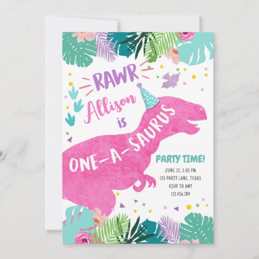 One-A-Saurus Pink Dinosaur Girl 1st First Birthday Kaart (Voorkant)