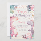 One-A-Saurus Pink Dinosaur Girl 1st First Birthday Kaart (Voorkant)
