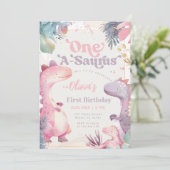 One-A-Saurus Pink Dinosaur Girl 1st First Birthday Kaart (Staand voorkant)