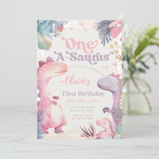 One-A-Saurus Pink Dinosaur Girl 1st First Birthday Kaart (Staand voorkant)