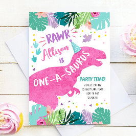One-A-Saurus Pink Dinosaur Girl 1st First Birthday Kaart