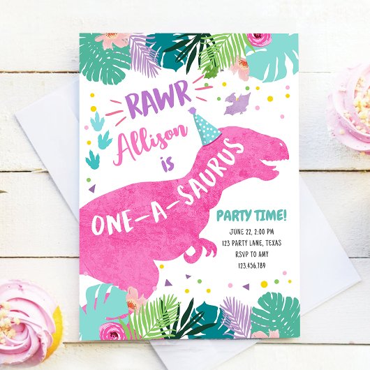 One-A-Saurus Pink Dinosaur Girl 1st First Birthday Kaart