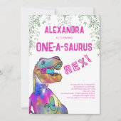 One-A-Saurus Roze Dinosaur 1e Verjaardagsfeestje Kaart (Voorkant)