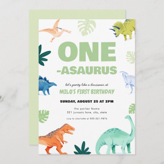 One-Asaurus dinosaurus eerste verjaardag uitnodigi Kaart (Voorkant / Achterkant)
