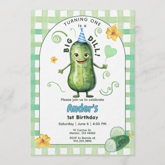 One Big Dill Pickle First Birthday Blue Invitation Kaart (Voorkant)
