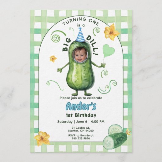 One Big Dill Pickle First Birthday Blue Photo Kaart (Voorkant)