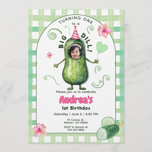 One Big Dill Pickle First Birthday Pink Photo Kaart (Voorkant)
