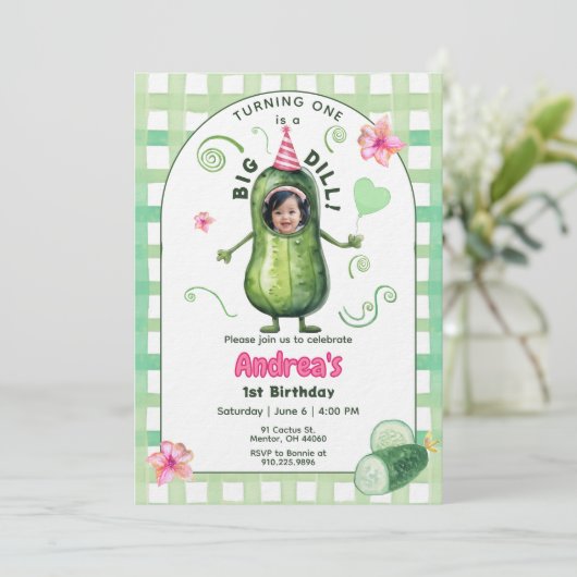 One Big Dill Pickle First Birthday Pink Photo Kaart (Staand voorkant)
