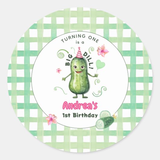 One Big Dill Pickle First Birthday Pink Ronde Sticker (Voorkant)