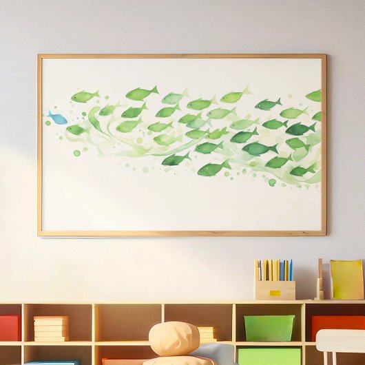 One Blue Fish Waterverf Groen Poster