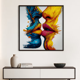 One Breath Away Blauw Geel Abstracte Gezichten Perfect Poster