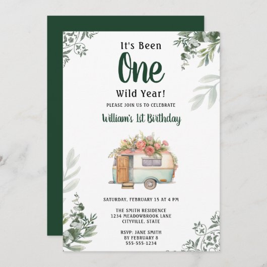 One Camper 1e Verjaardag Camping Uitnodiging (Voorkant / Achterkant)
