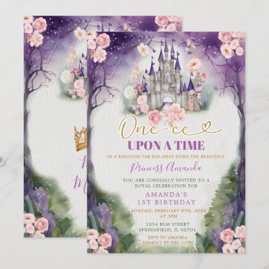 One-ce upon a time Paarse kasteel 1e verjaardag Kaart (Voorkant / Achterkant)
