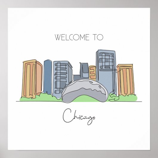 One Continuous Line Drawing of Chicago USA Poster (Voorkant)
