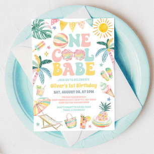 One Cool Babe Beachfeest Zomer 1e Verjaardag  Kaart