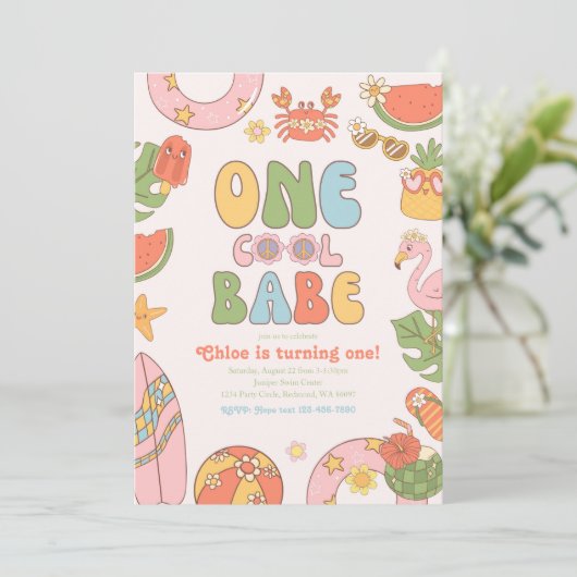 One Cool Babe Eerste Verjaardag Uitnodiging (Staand voorkant)