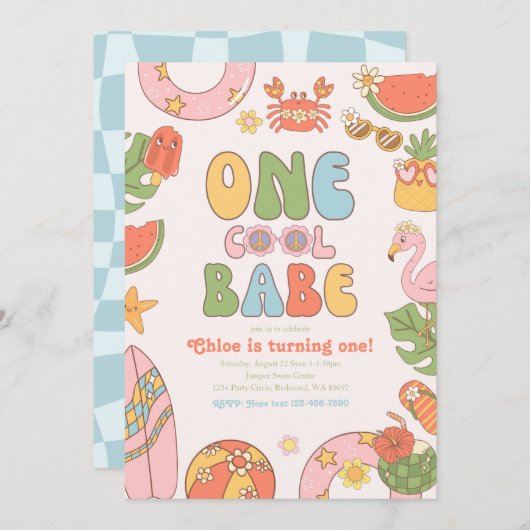 One Cool Babe Eerste Verjaardag Uitnodiging (Voorkant / Achterkant)